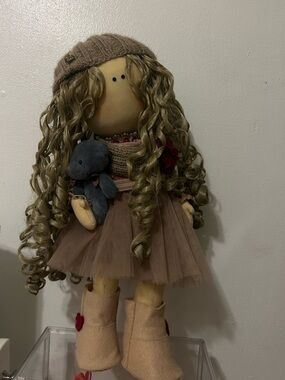 Handmade Style Brown Tulle Dress Doll with Tan Hat and Boots